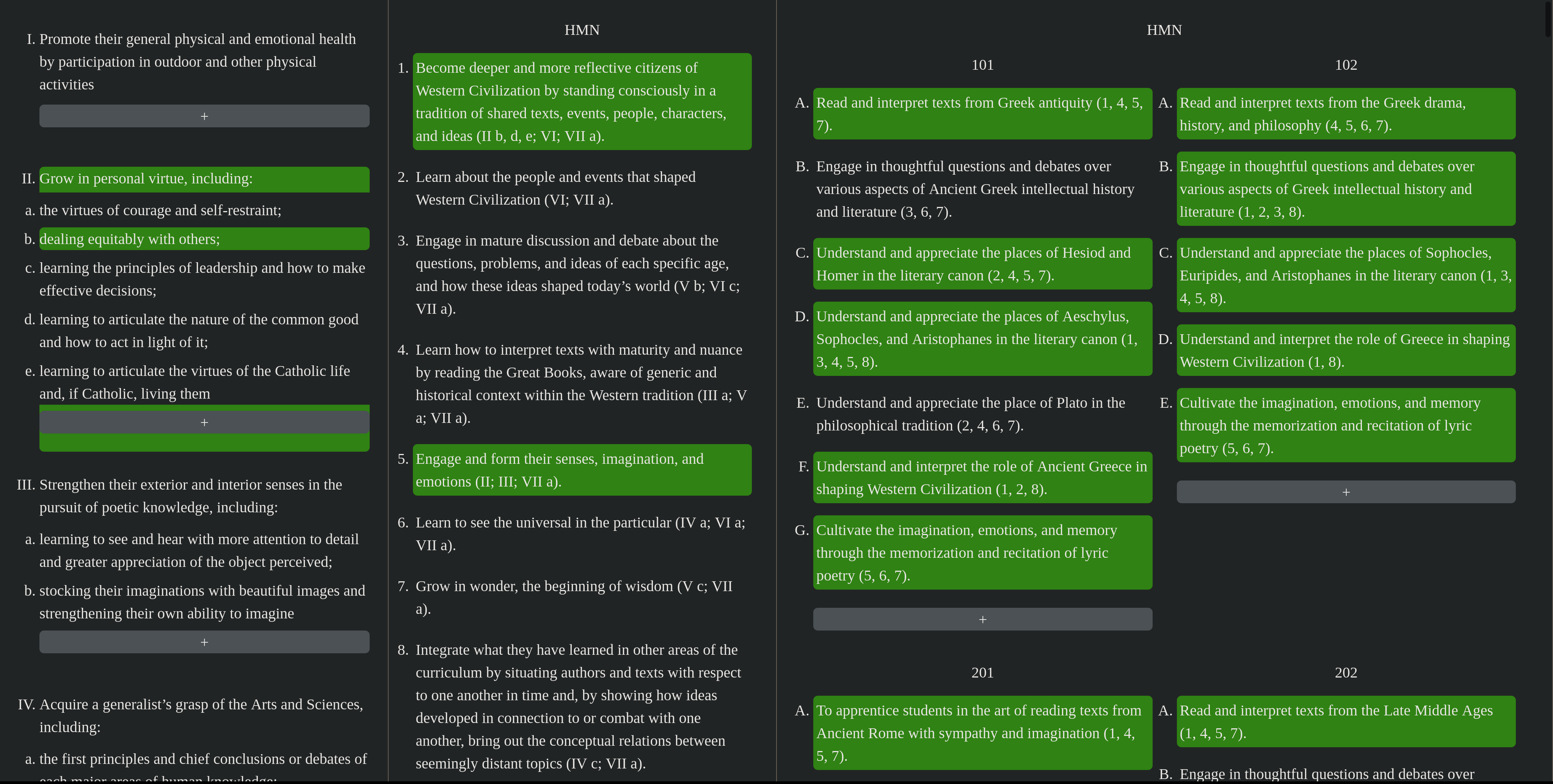 Text in three columns with certain sections of text in each column highlighted green.