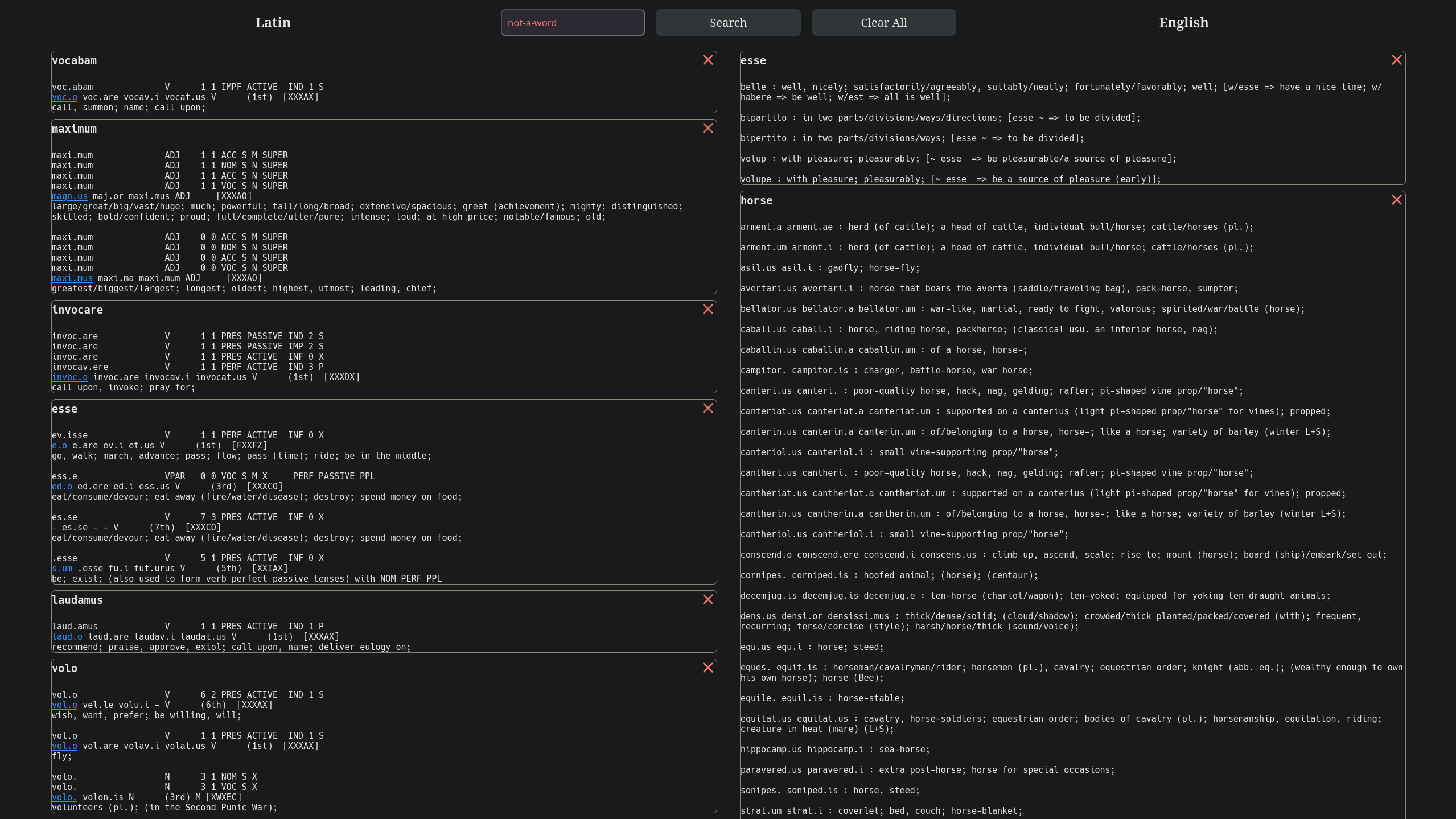 Two columns, definitions of Latin words on the left, and equivalent English on the right.